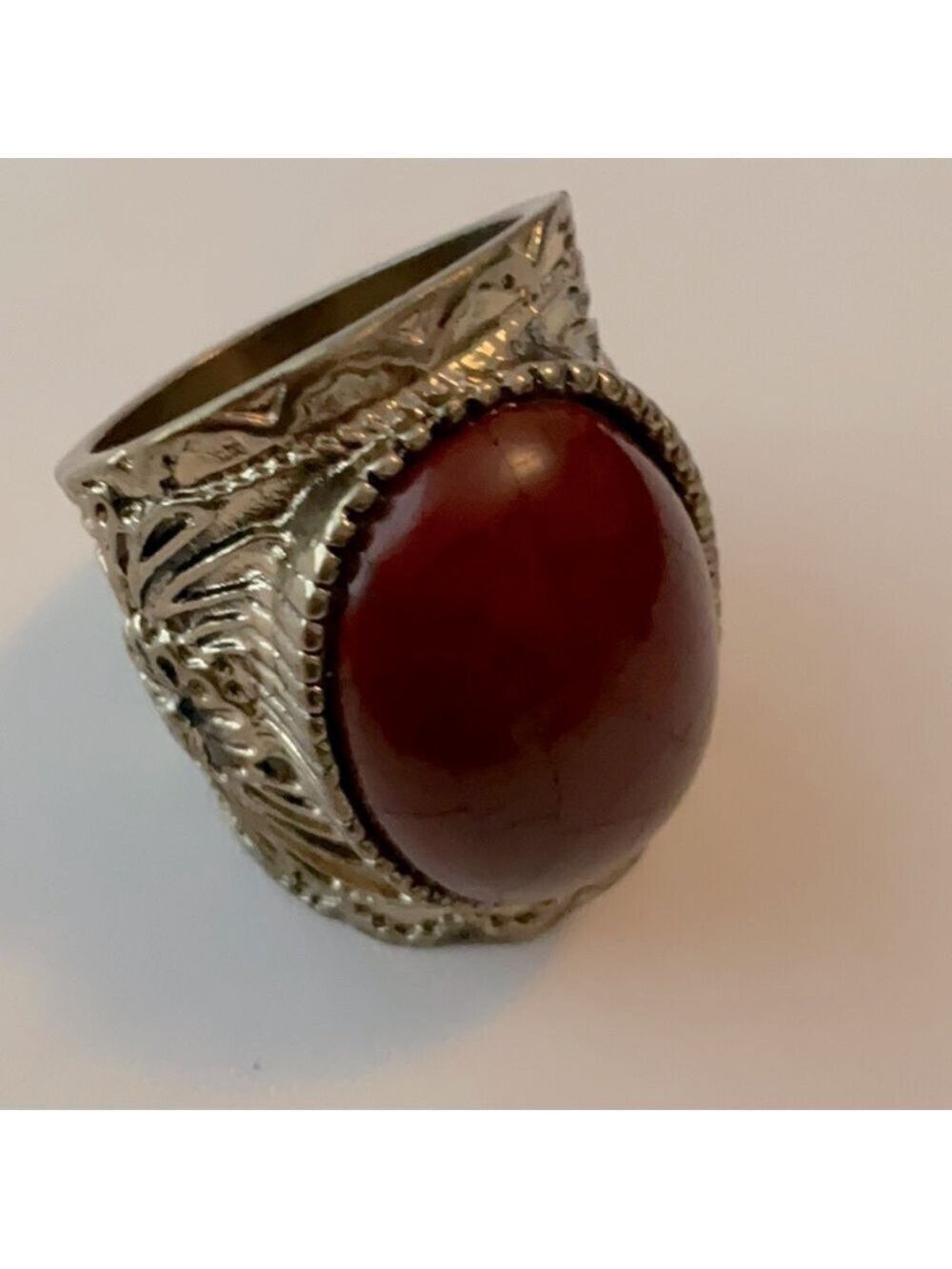 Yamani Red Agate Stone Sterling Silver Art Deco Ring Vintage